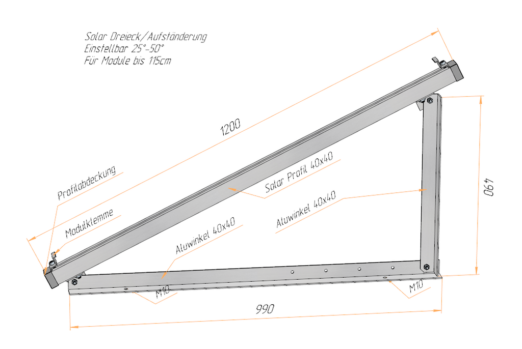 PV Solar Aufständerung Dreieck – verstellbar 25–50° – Alu 40x40 – Wand & Boden