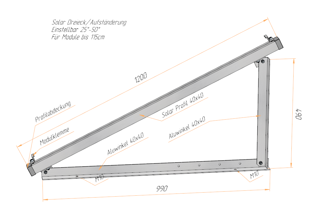 PV Solar Aufständerung Dreieck – verstellbar 25–50° – Alu 40x40 – Wand & Boden