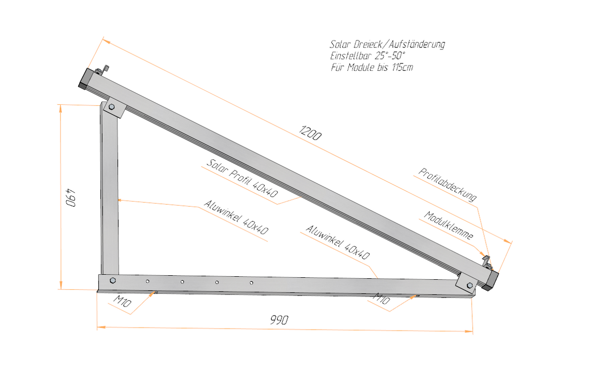 PV Solar Aufständerung Dreieck – verstellbar 25–50° – Alu 40x40 – Wand & Boden