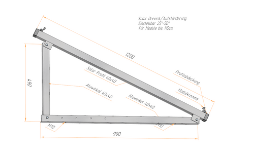 PV Solar Aufständerung Dreieck – verstellbar 25–50° – Alu 40x40 – Wand & Boden