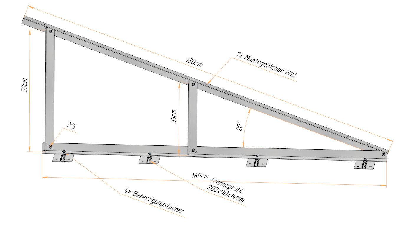 PV Solar Basisdreieck Montage Dreieck 180cm 20° mit oder ohne Füße