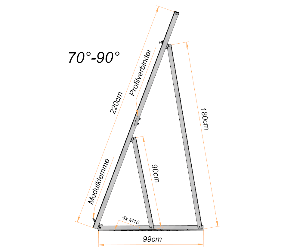 Solarmodul Halterung / Aufständerung bis 215cm Hochkant 70°-90°