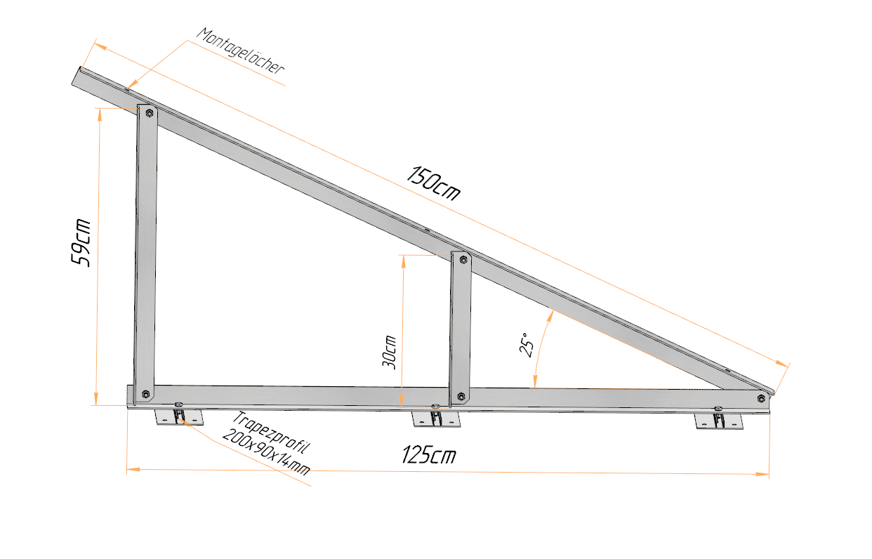 PV Solar Basisdreieck Montage Dreieck 150cm 25° mit oder ohne Füße