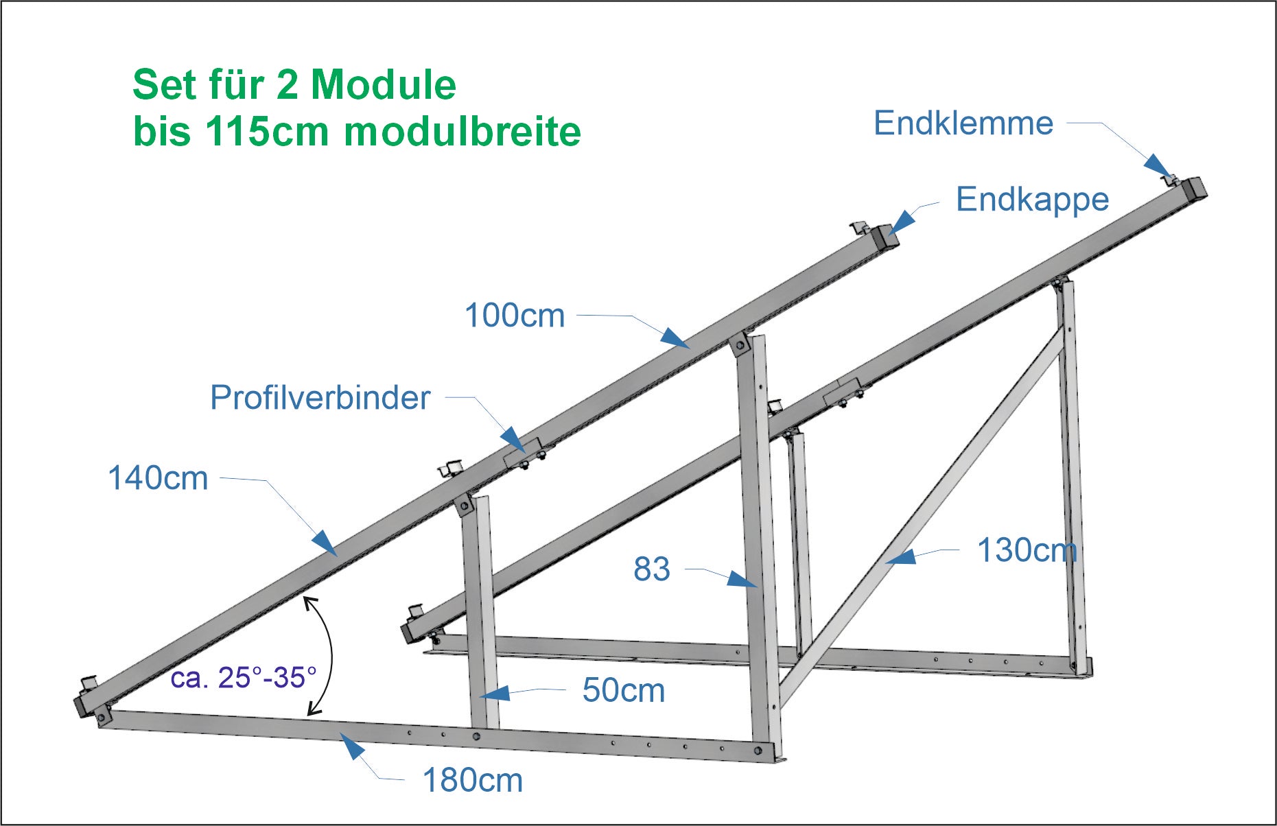 PV Solar Aufständerung Wandhalterung 2 Module – doppelte Quer-Montage 25°-35°