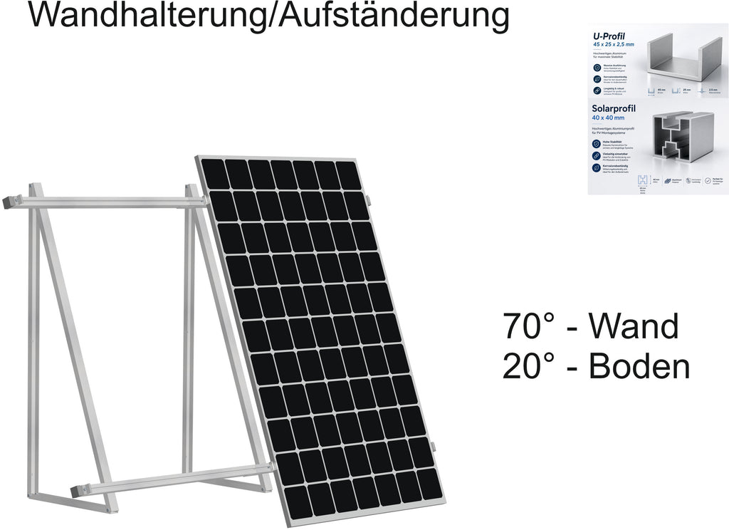 PV Solarmodul Wandhalterung Bodenhalterung (hochkant) 20° / 70°